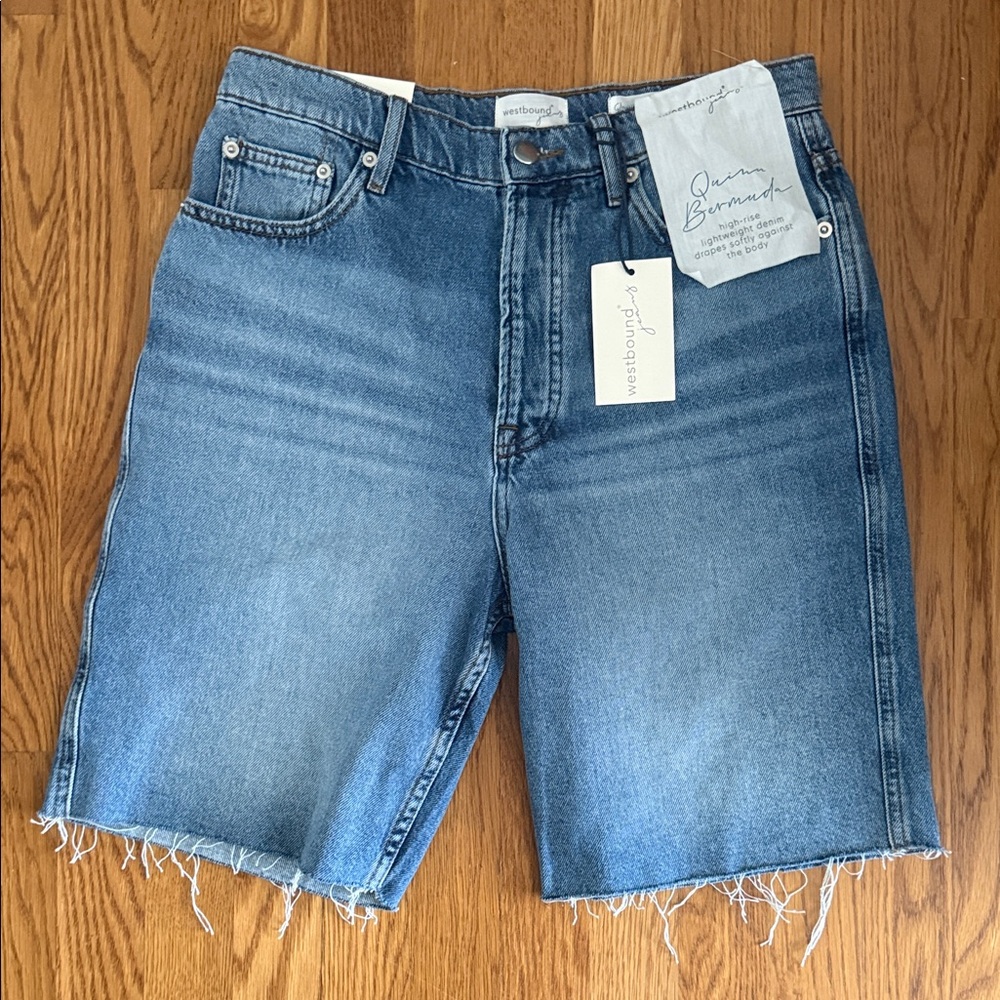 Westbound Raw-Hem High-Rise Denim Bermuda Shorts in Medium Blue